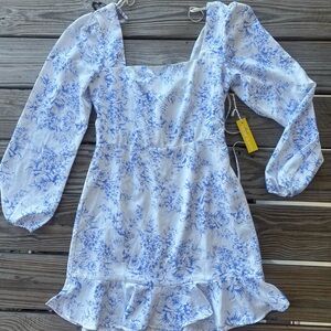 Blue & White Floral Puff Sleeve Mini Dress | Cottagecore Coquette